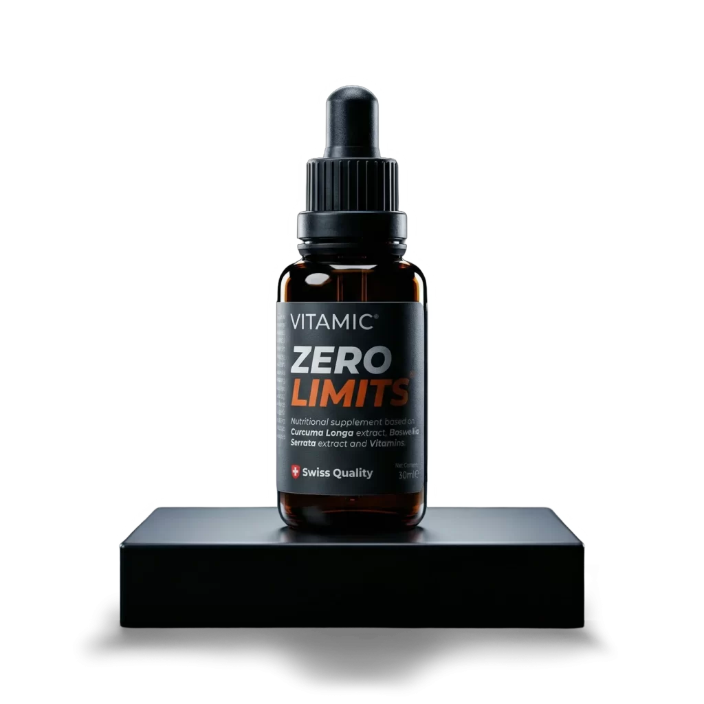 VITAMIC ZEROLIMITS Flasche auf dunklem Podest